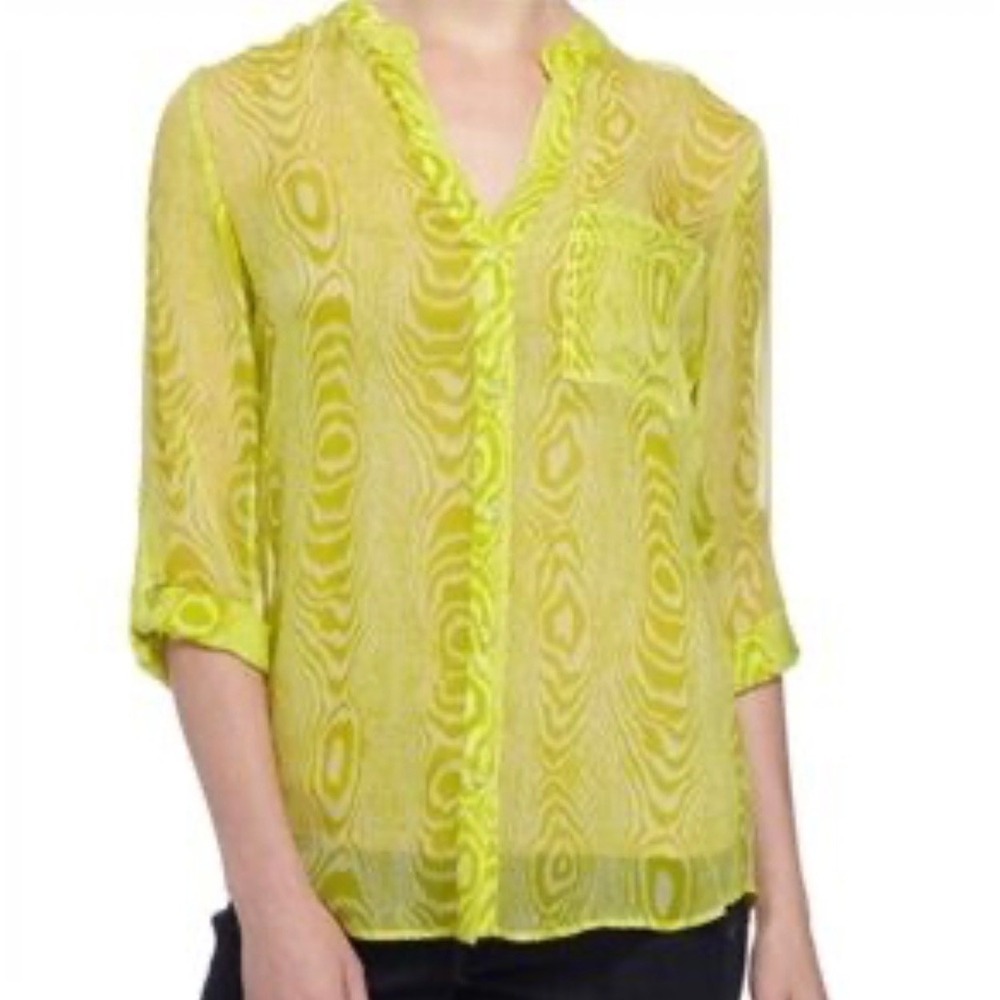 Diane von Furstenberg Sheer Gilmore Button Up Yellow Shirt Blouse Top Size 12
